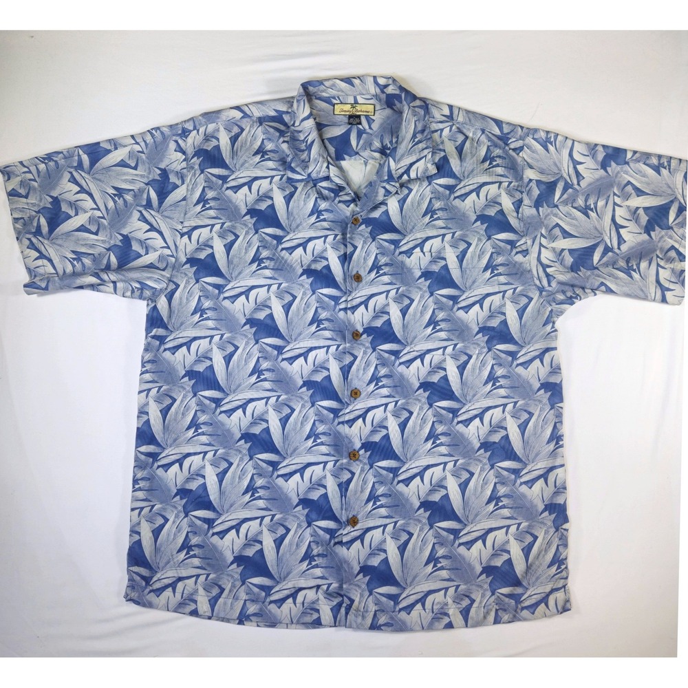 Tommy Bahama Mens Blue White Tropical Leaf Print 100% Silk Camp Shirt Large